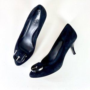 Nine West Monterrey Black Suede Leather Buckle Toe Pumps Heels
